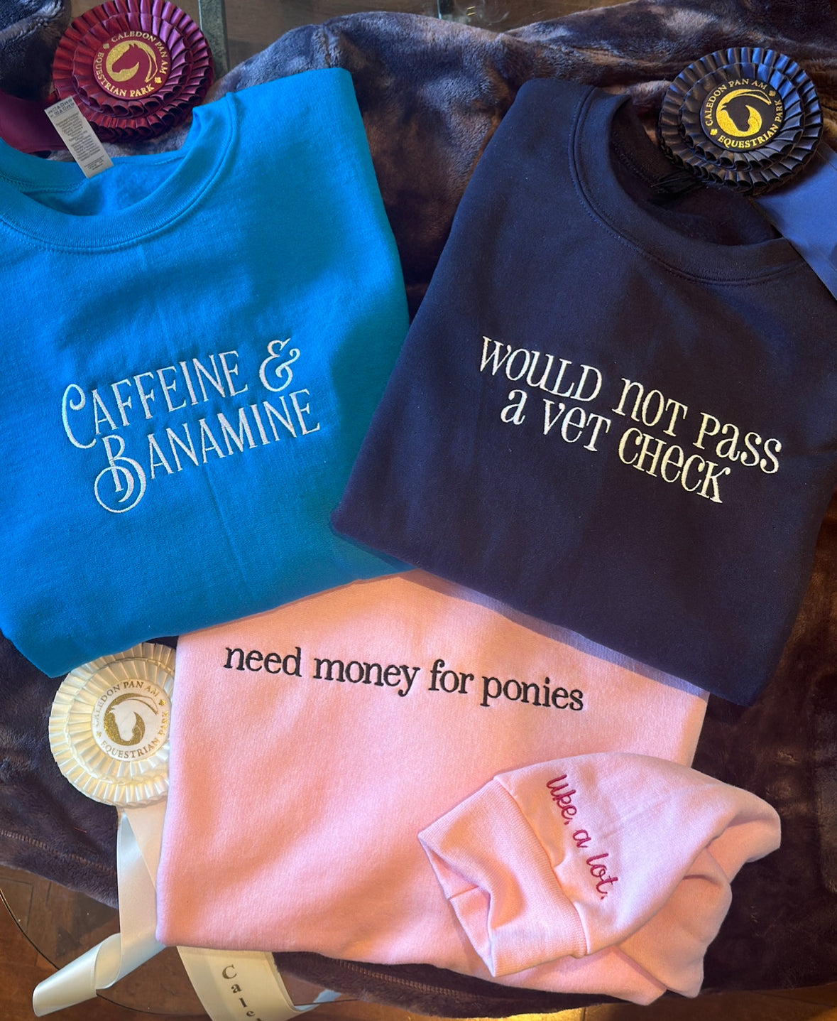 Caffeine and Banamine embroidered crew neck or hoodie