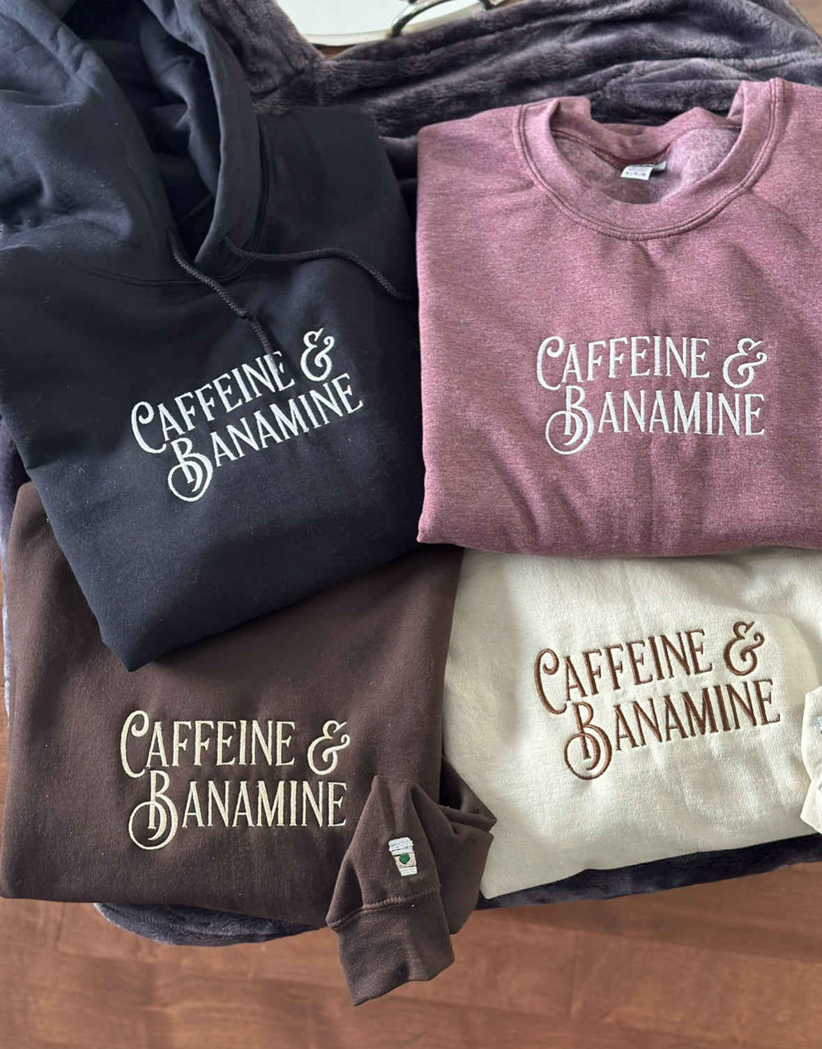 Caffeine and Banamine embroidered crew neck or hoodie