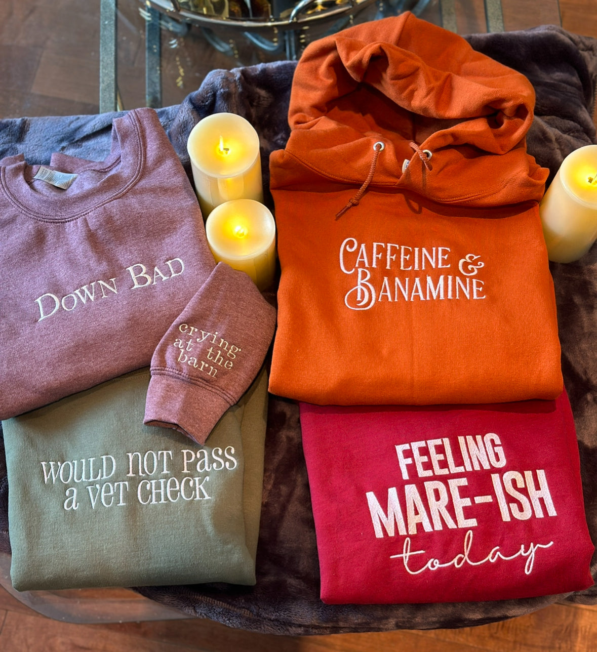 Caffeine and Banamine embroidered crew neck or hoodie