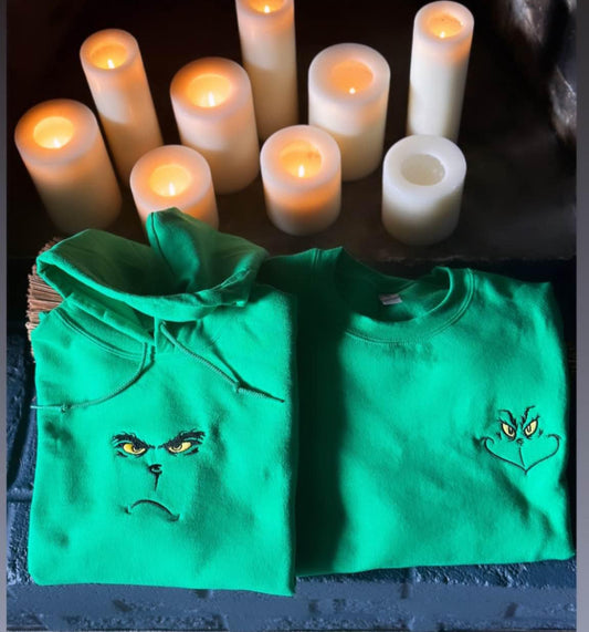 Grinch face embroidered sweatshirt or hoodie